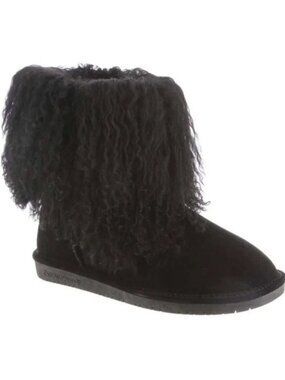 Bearpaw Boo Black Shearling Wool Curly Lamb Fur Mongolian Sherpa Boots 7 NEW